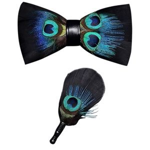 Mens Natural Feather Pre-Tied Bow tie & Lapel Pin